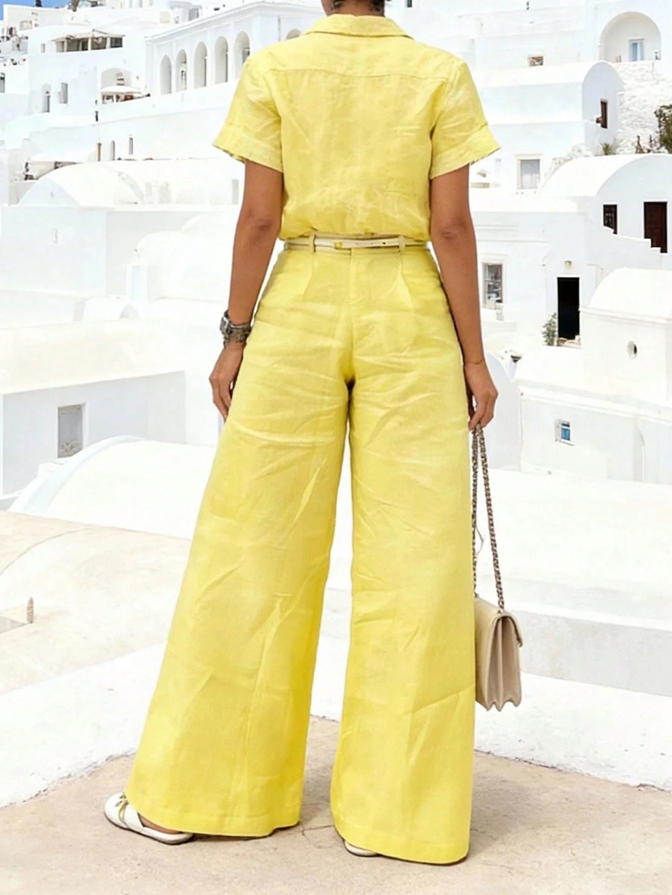 Women's Yellow Collared Short-Sleeve Two-Piece Set - Button-Front Wide-Leg Pants With Belt For Coastal Vacation