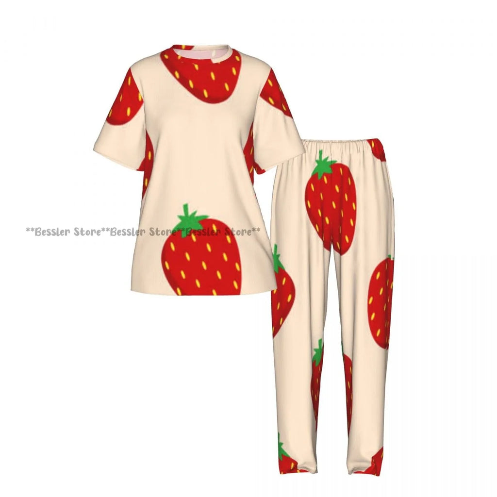 Women's Pajamas Set Strawberry Illustration Short Sleeve Sleepwear 2 Piece Homewear Loungewear