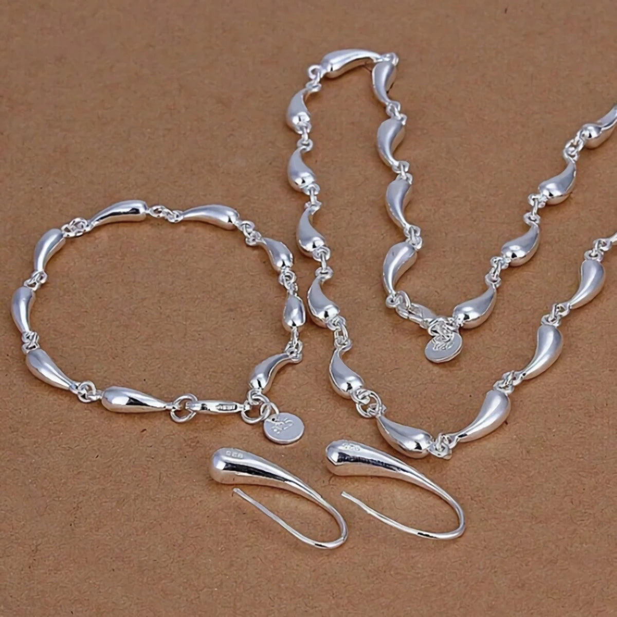 New 925 stamped silver Plated water drop chain necklaces earrings bracelets Fashion jewelry set for women wedding Accessories