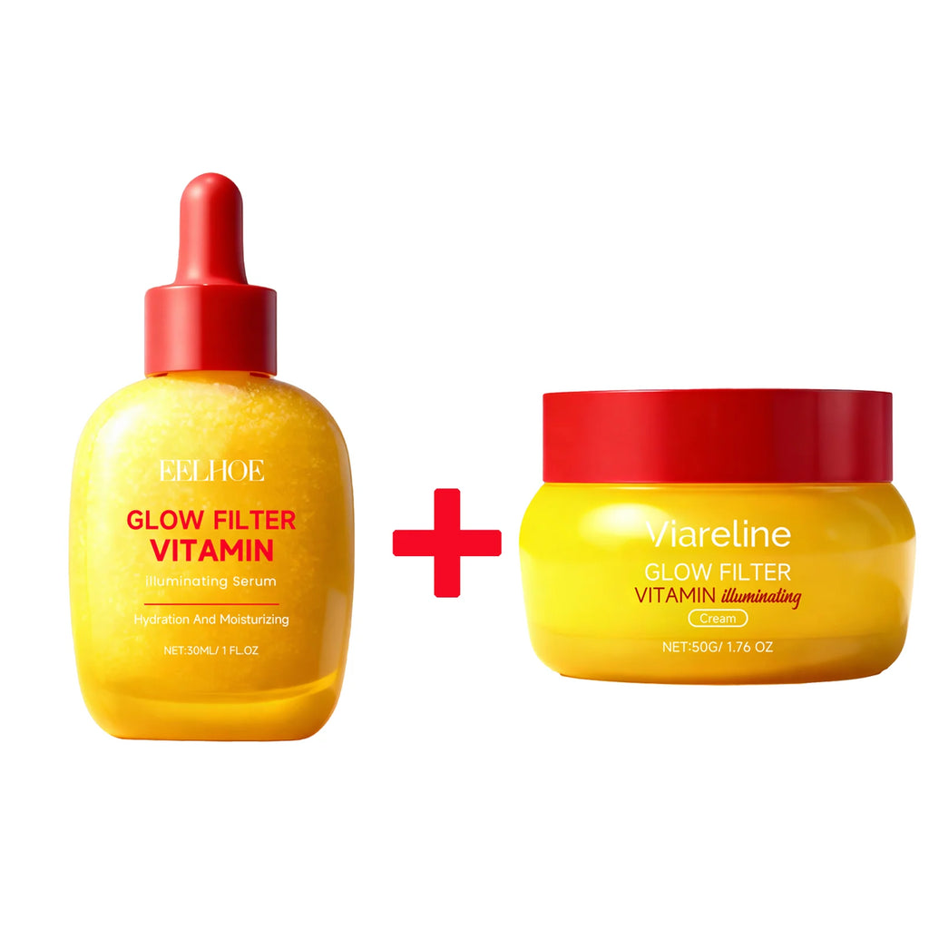 Korean Skincare Glow Filter Vitamin C-Peptide Illuminating Serum & Cream Set 30ml Serum + 50g Cream, Brightening & Hydrating Duo