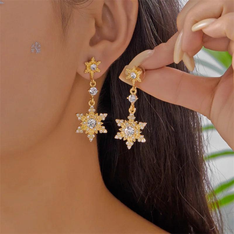 Christmas Rhinestone Snowflake Drop Earrings for Women Fashion Imitation Pearl Stud Earring Girls New Year Party Jewelry Gifts