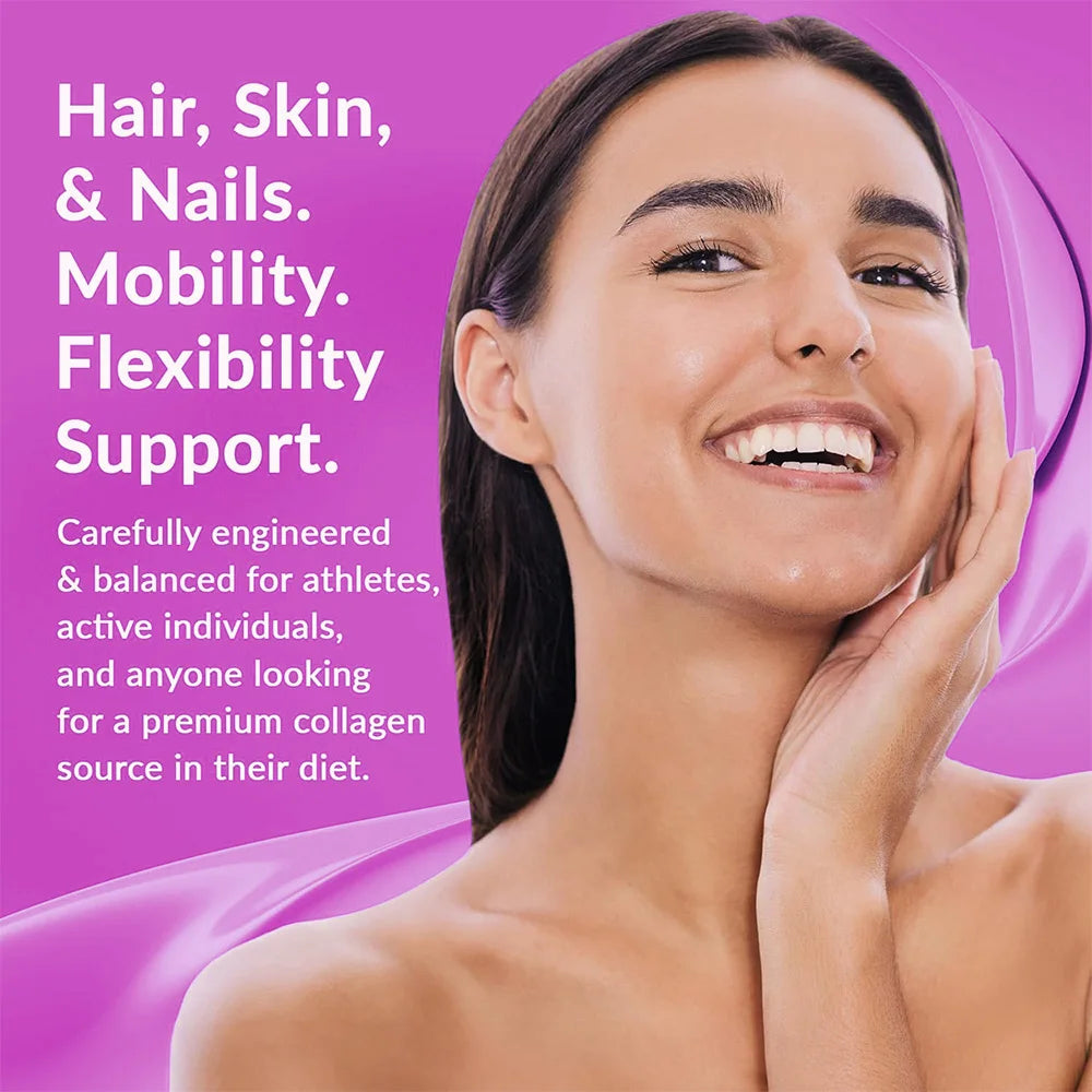 Collagen peptides - containing types I, III, V, and X collagen - support skin, hair, nails, joints, and gut health.