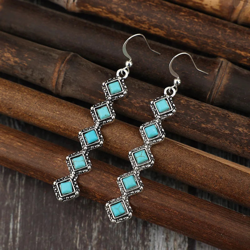 2026 Vintage One Line Long Turquoise Earrings Bohemian Style Ethnic Creative Jewelry