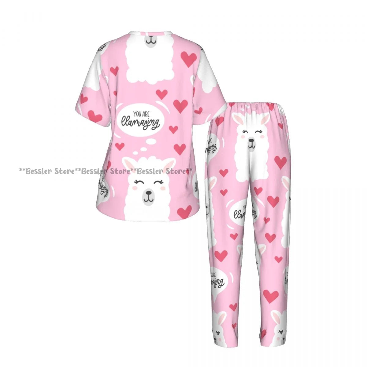Women's 2-piece set You Are Llamazing Llama Pattern With Hearts Pajamas Short sleeved Top and Pants Sleepwear