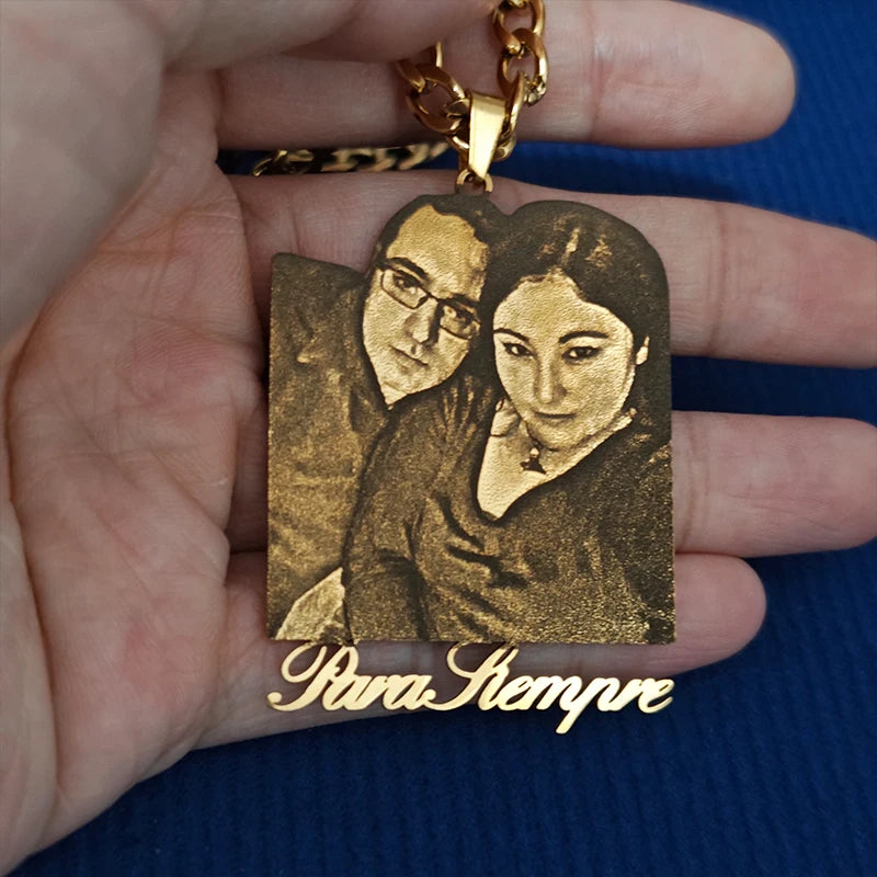 Custom Couple Necklace Cuban Chain Personalized Stainless Steel Laser Engraved Photo Nameplate Pendant Necklace Anniversary Gift