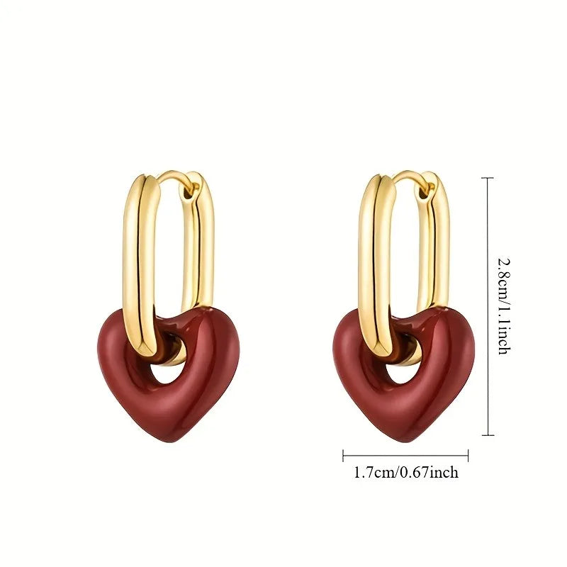 Retro Romantic Wine Red Heart Pendant Earrings for Women Wedding Party Girls Fashion Jewelry Christmas Gift Accessories