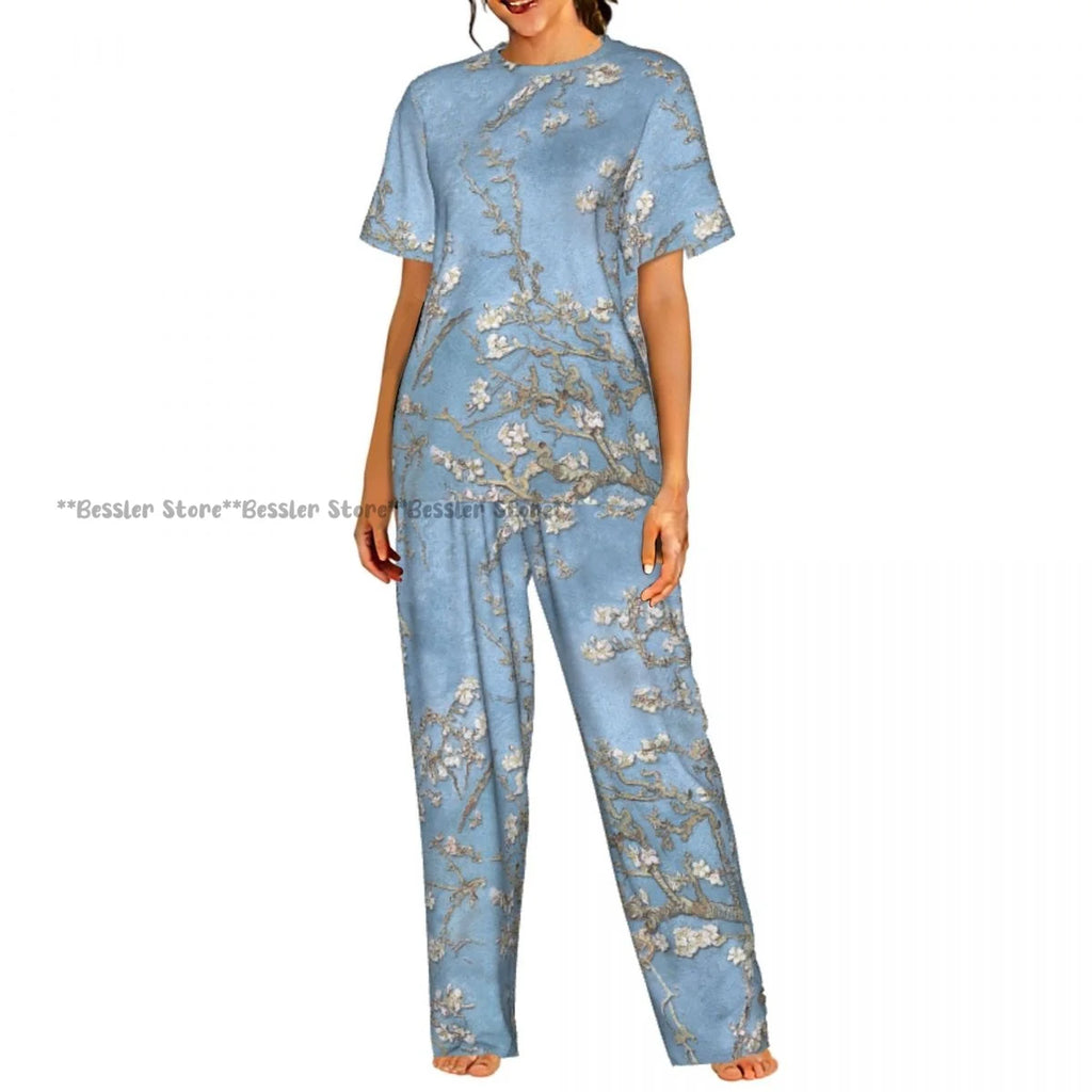 Women's 2-piece set Cherry Spring Flower Pajamas Short sleeved Top and Pants Sleepwear