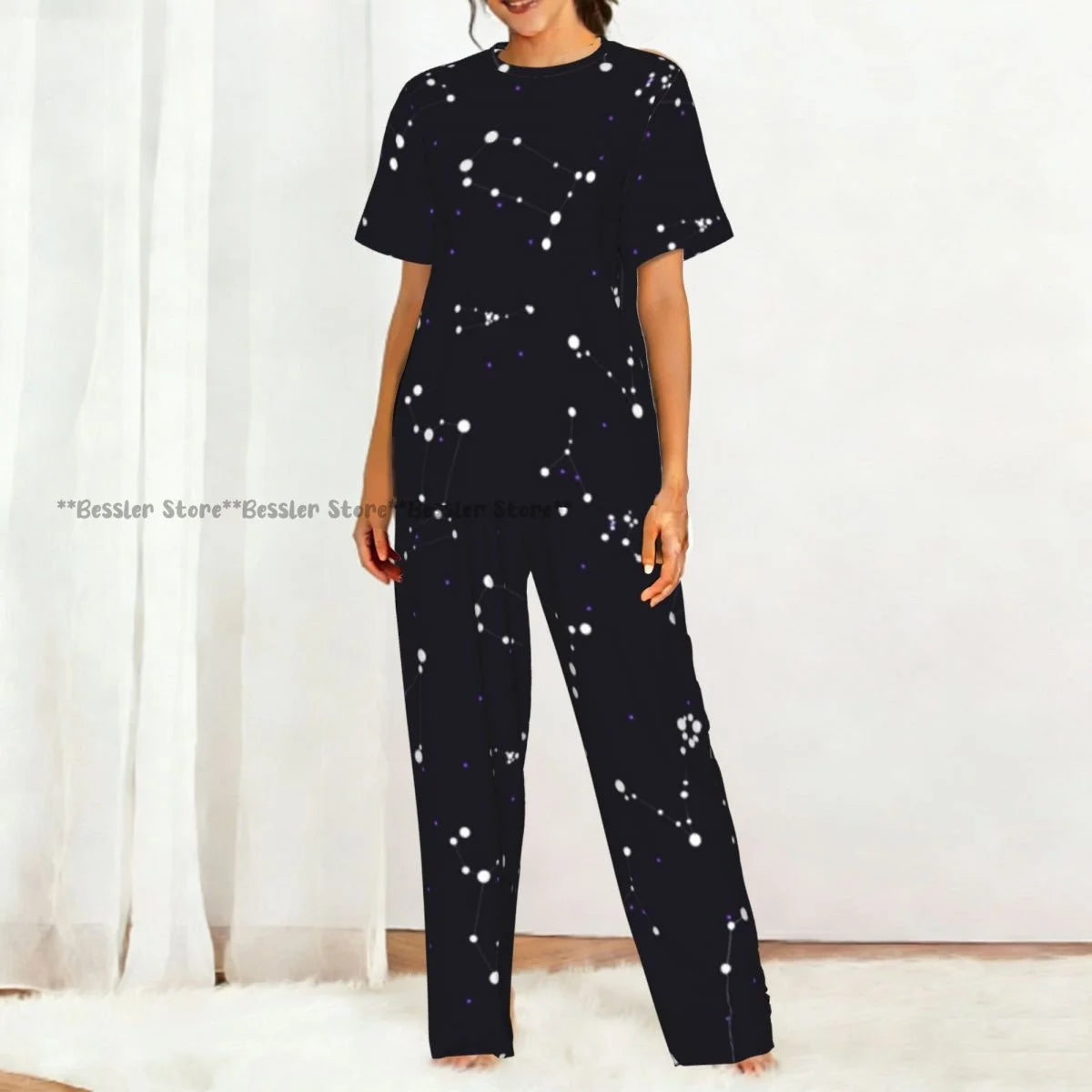 Women's Zodiac Stars On Cosmic Sky short sleeve trousers casual pajamas set