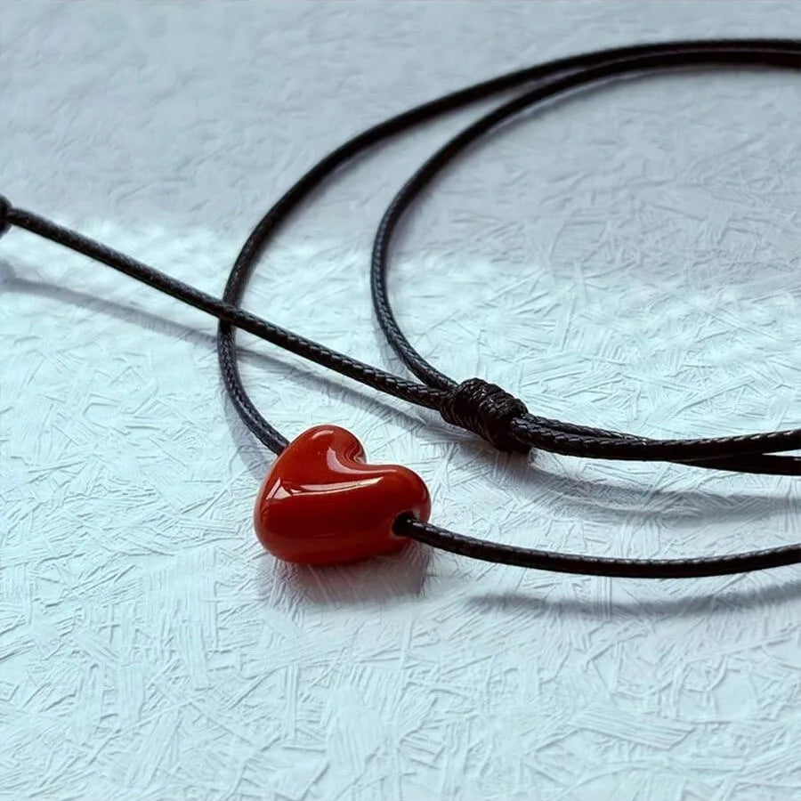 ZAKOL Korean Fashion Long Black Braided Cord Ceramic Heart Pendant Necklace Niche Retro Minimalist Elegant Choker for Women