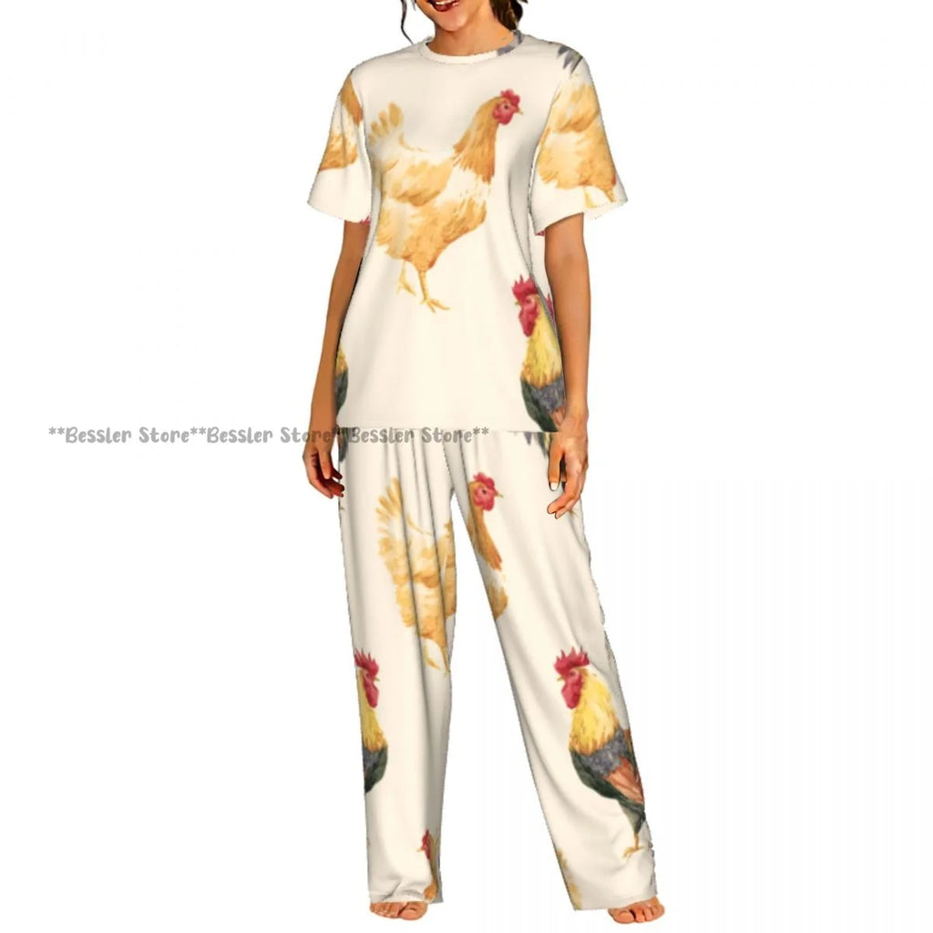 Women's Comfort Pajamas Women's Hand Drawn Rooster Hens And Chickens Short Sleeve Set Sleepwear