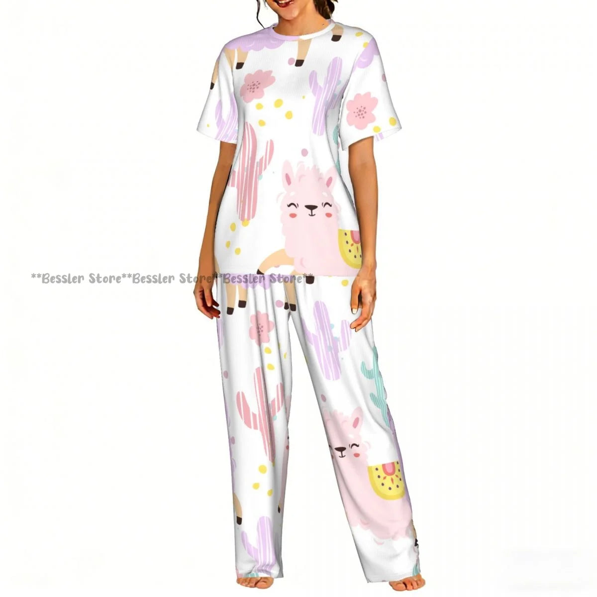 Women's 2-piece set You Are Llamazing Llama Pattern With Hearts Pajamas Short sleeved Top and Pants Sleepwear