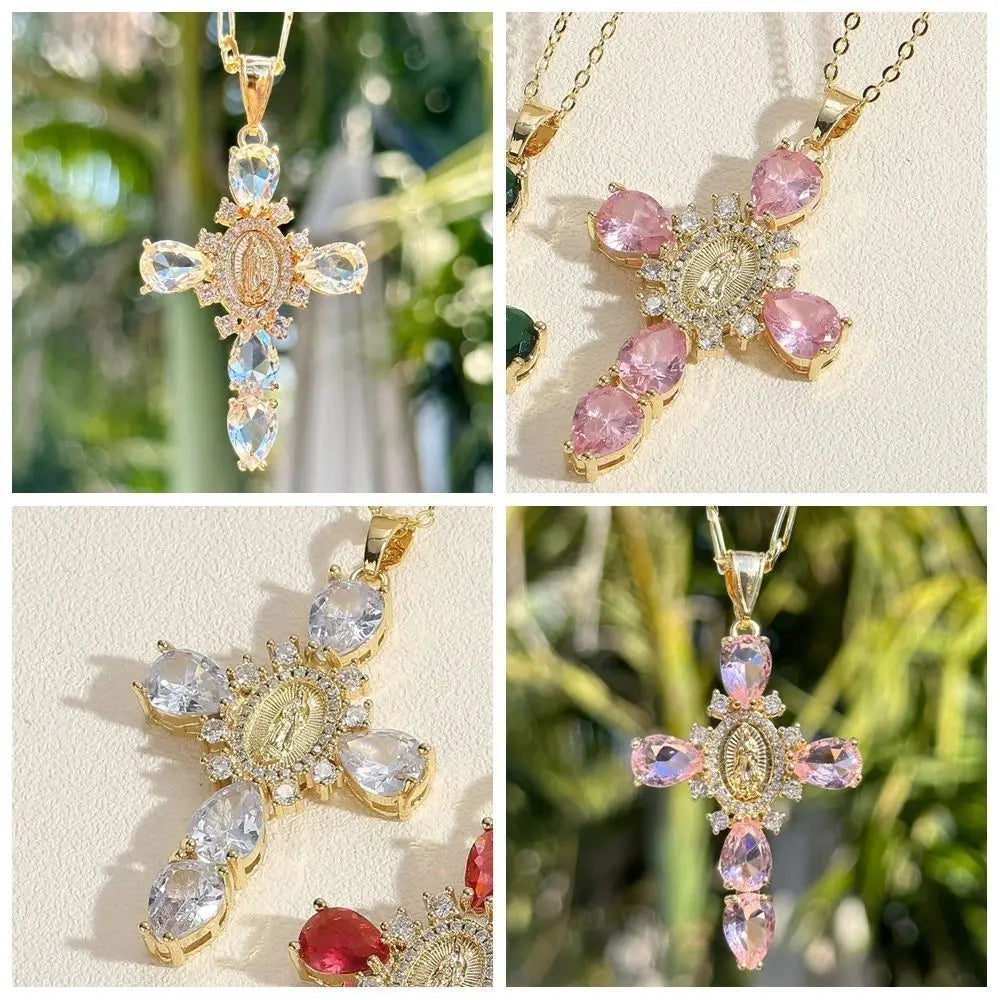Party Accessories Zircon Cross Pendant Gold Color Valentine's Day Gift O Chain Necklace Fashion Jewelry Simple Statement