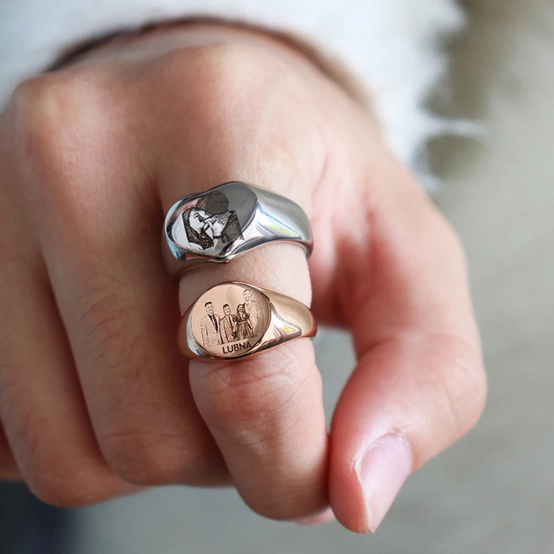 Custom Engraved Picture Logo Name Heart Round Rings for Man Woman Stainless Steel Wedding Rings Personalized Photo Jewelry Gifts